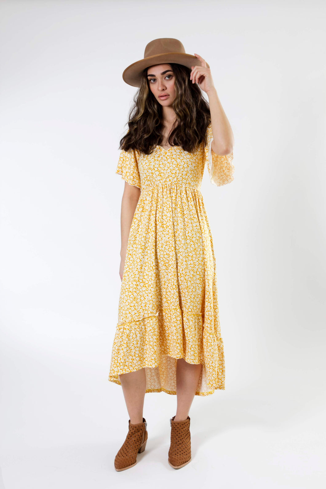 Flowy Ruffle Dress - Yellow Floral